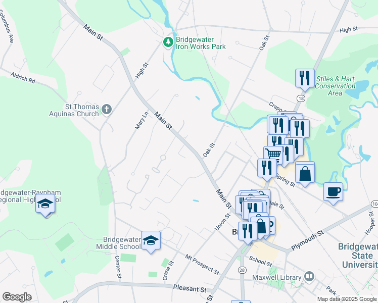 map of restaurants, bars, coffee shops, grocery stores, and more near 242 Main Street in Bridgewater