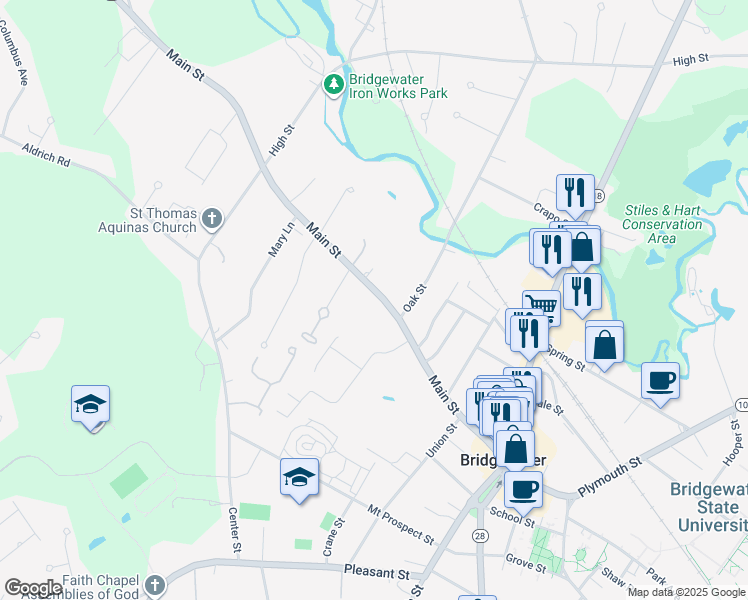 map of restaurants, bars, coffee shops, grocery stores, and more near 242 Main Street in Bridgewater