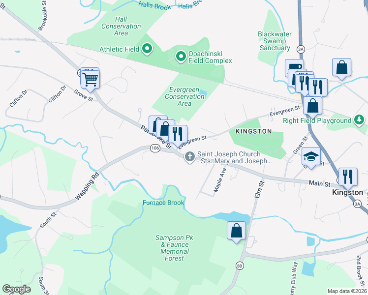 map of restaurants, bars, coffee shops, grocery stores, and more near 5 Evergreen Street in Kingston