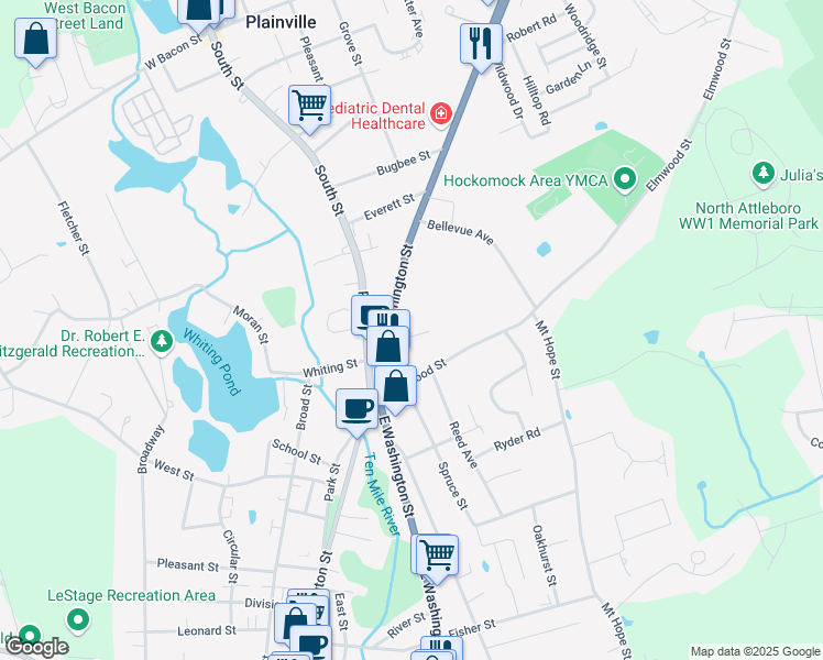 map of restaurants, bars, coffee shops, grocery stores, and more near 26 Summer Street in North Attleborough