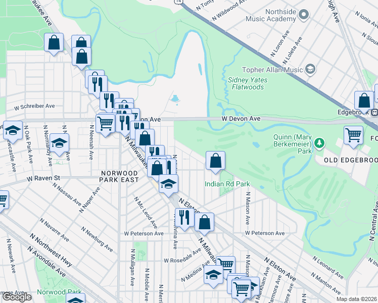 map of restaurants, bars, coffee shops, grocery stores, and more near 6348 North Indian Road in Chicago
