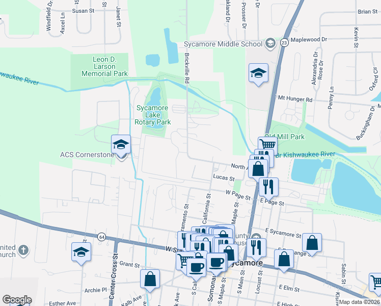 map of restaurants, bars, coffee shops, grocery stores, and more near 518 Brickville Road in Sycamore