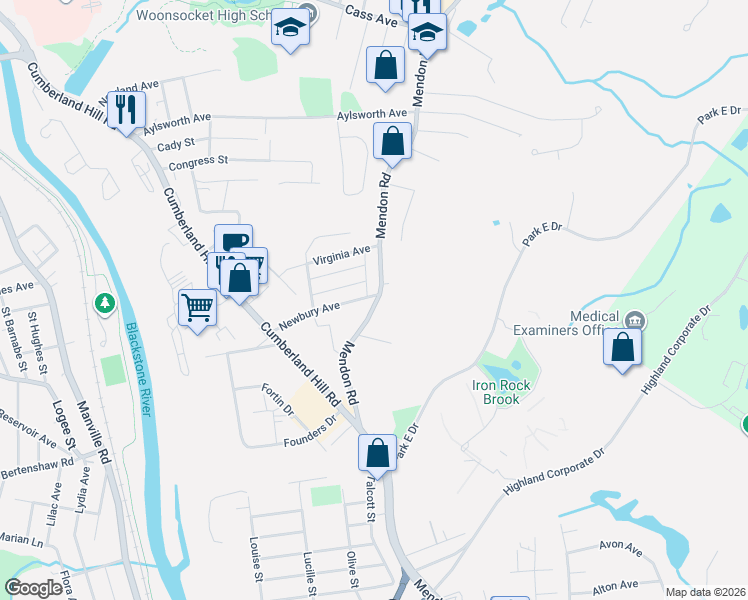 map of restaurants, bars, coffee shops, grocery stores, and more near 1805 Mendon Road in Woonsocket