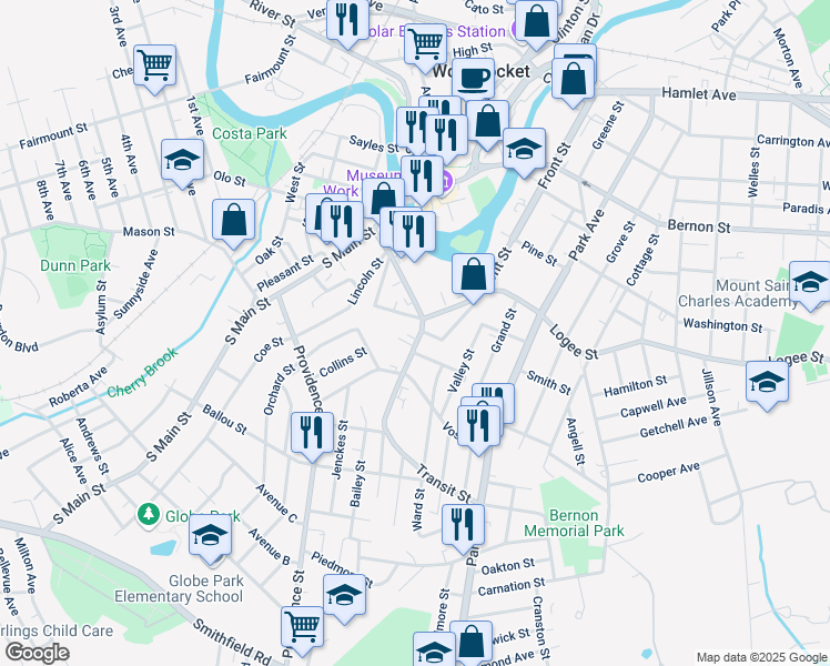 map of restaurants, bars, coffee shops, grocery stores, and more near 19 Transit Street in Woonsocket