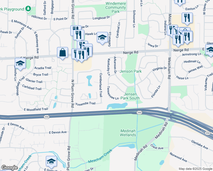 map of restaurants, bars, coffee shops, grocery stores, and more near 617 Cumberland Trail in Roselle
