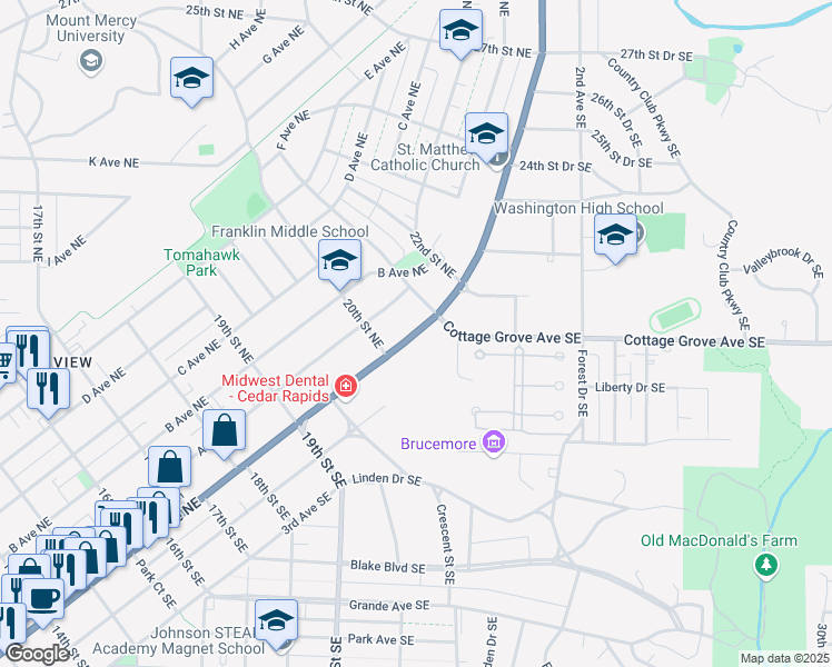 map of restaurants, bars, coffee shops, grocery stores, and more near 2028 1st Avenue Northeast in Cedar Rapids