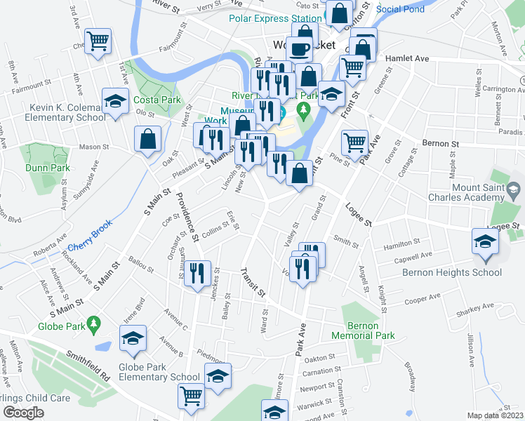 map of restaurants, bars, coffee shops, grocery stores, and more near 21 Transit Street in Woonsocket