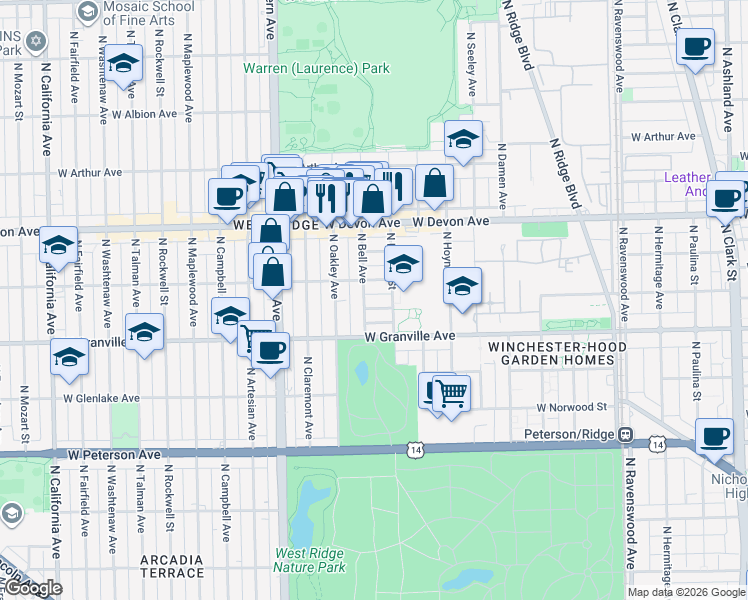 map of restaurants, bars, coffee shops, grocery stores, and more near 2208 West Thome Avenue in Chicago
