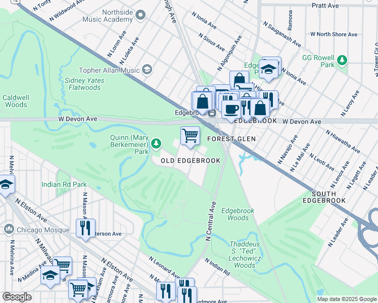 map of restaurants, bars, coffee shops, grocery stores, and more near 6312 North Louise Avenue in Chicago