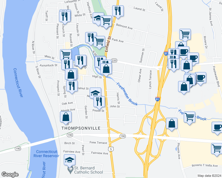 map of restaurants, bars, coffee shops, grocery stores, and more near 2 Woodward Avenue in Enfield