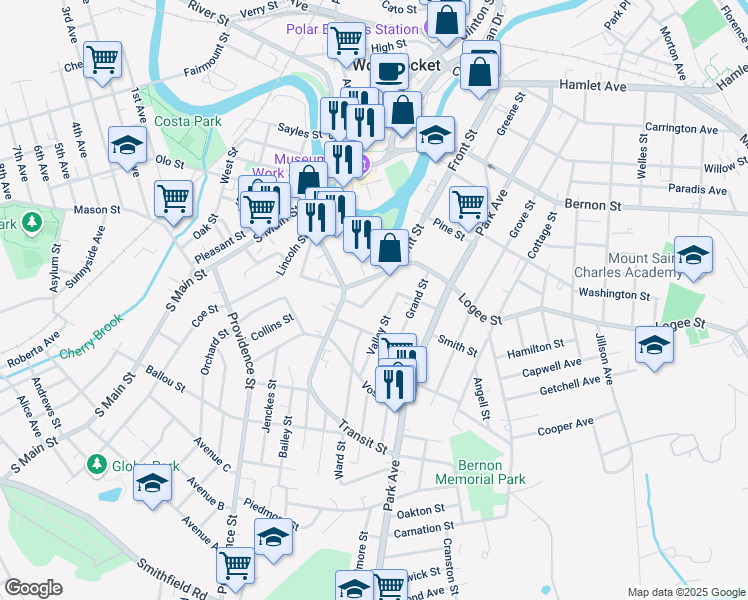 map of restaurants, bars, coffee shops, grocery stores, and more near 84 Benefit Street in Woonsocket