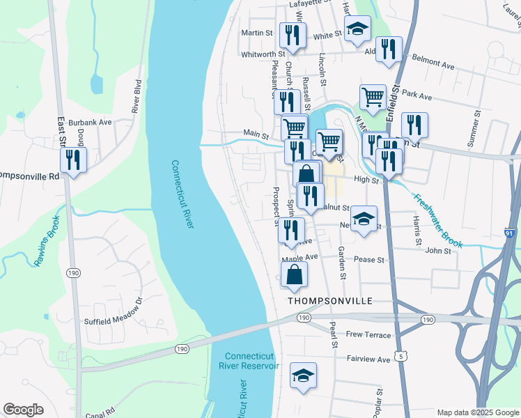 map of restaurants, bars, coffee shops, grocery stores, and more near 58 Prospect Street in Enfield