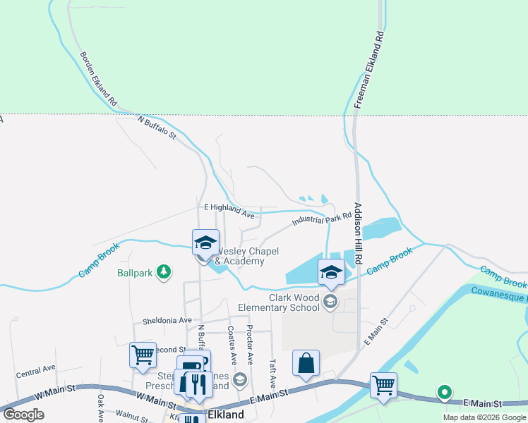 map of restaurants, bars, coffee shops, grocery stores, and more near 110 Coolidge Avenue in Elkland