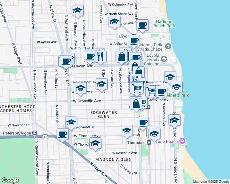 map of restaurants, bars, coffee shops, grocery stores, and more near 6234 North Wayne Avenue in Chicago