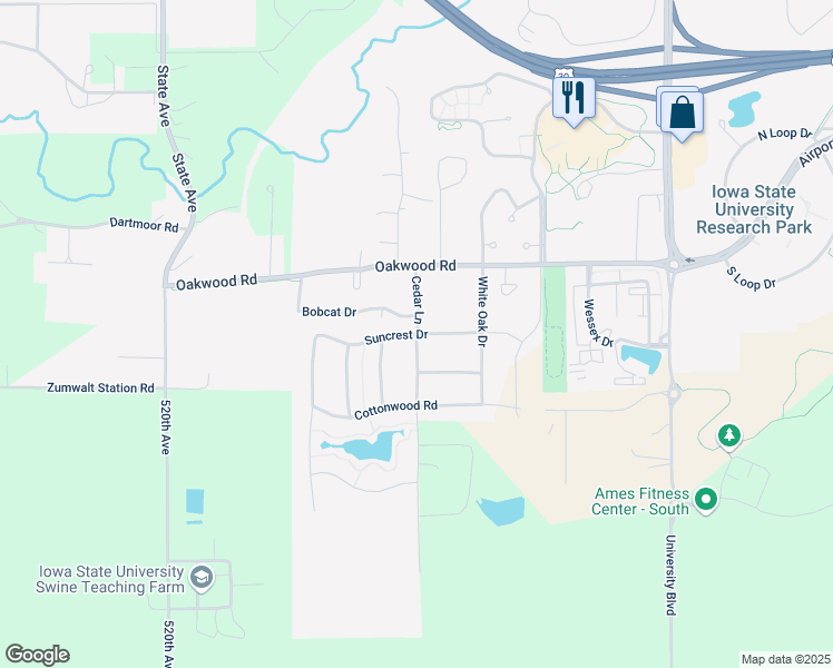 map of restaurants, bars, coffee shops, grocery stores, and more near 2507 Suncrest Drive in Ames