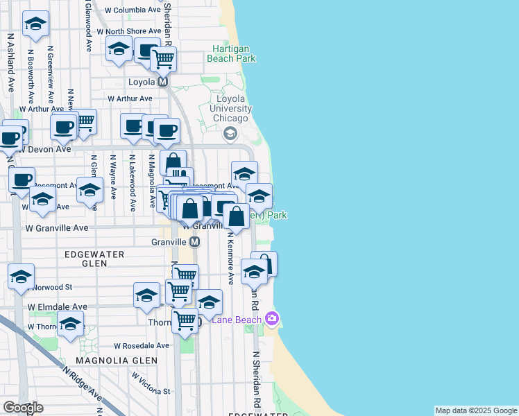 map of restaurants, bars, coffee shops, grocery stores, and more near 6205 North Sheridan Road in Chicago