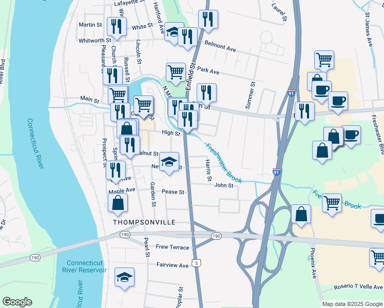 map of restaurants, bars, coffee shops, grocery stores, and more near 971 Enfield Street in Enfield