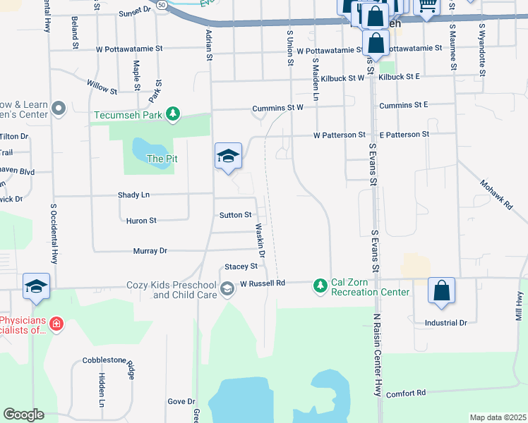map of restaurants, bars, coffee shops, grocery stores, and more near 700 Waskin Drive in Tecumseh