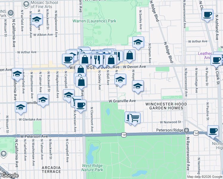 map of restaurants, bars, coffee shops, grocery stores, and more near 2208 West Thome Avenue in Chicago