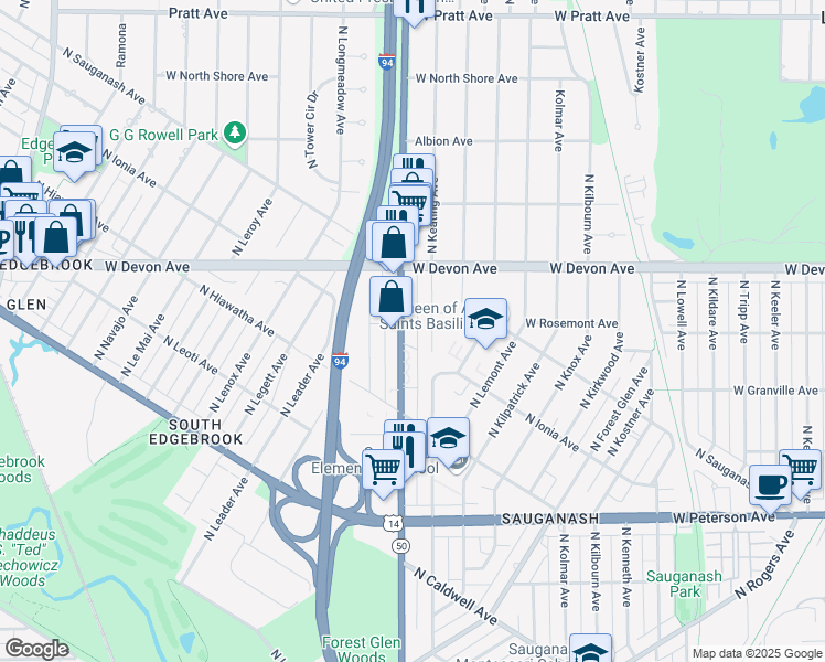 map of restaurants, bars, coffee shops, grocery stores, and more near 6288 North Cicero Avenue in Chicago