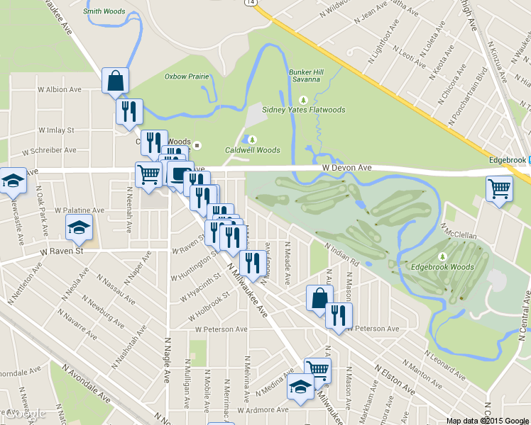 map of restaurants, bars, coffee shops, grocery stores, and more near 6348 North Indian Road in Chicago