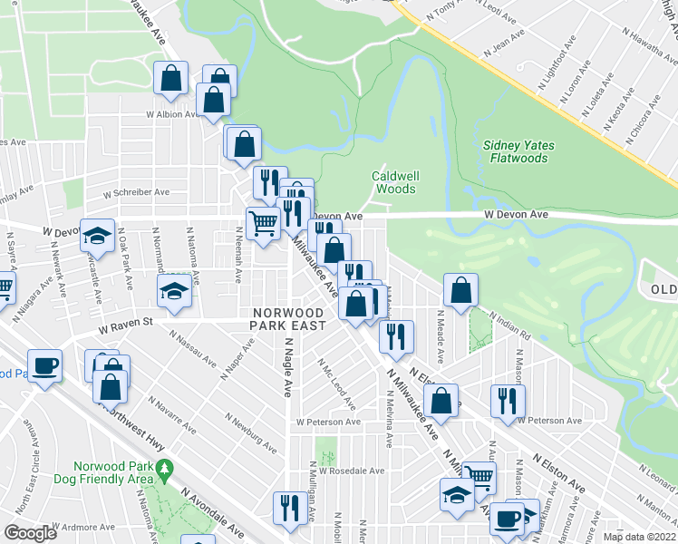 map of restaurants, bars, coffee shops, grocery stores, and more near 6314 North Merrimac Avenue in Chicago
