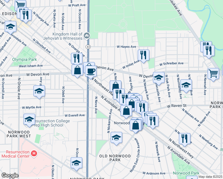 map of restaurants, bars, coffee shops, grocery stores, and more near 6255 North Northwest Highway in Chicago