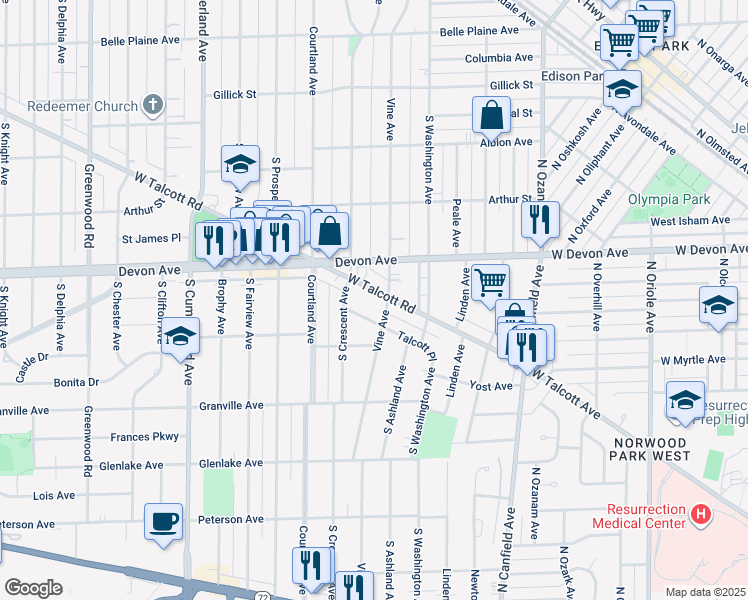 map of restaurants, bars, coffee shops, grocery stores, and more near in Park Ridge