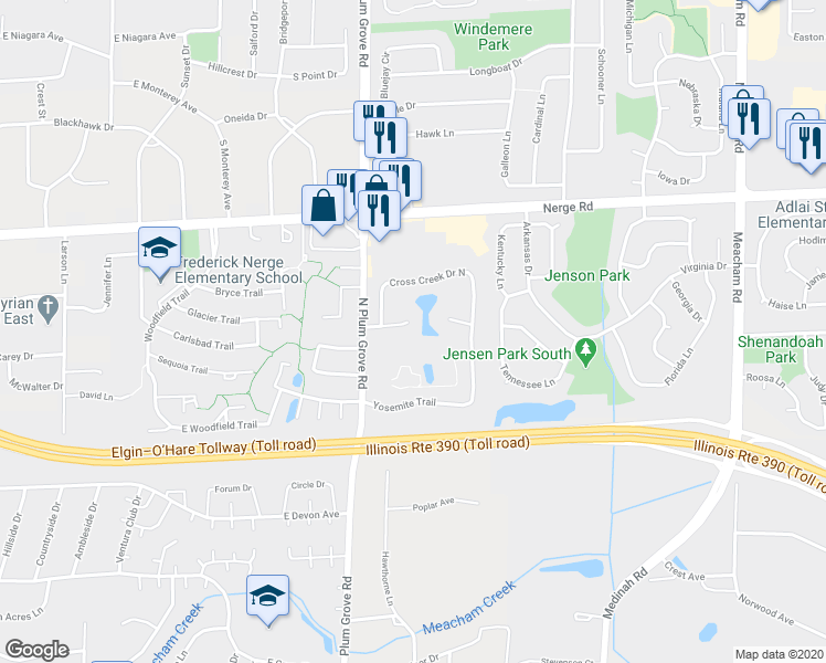 map of restaurants, bars, coffee shops, grocery stores, and more near 871 Cross Creek Court in Roselle