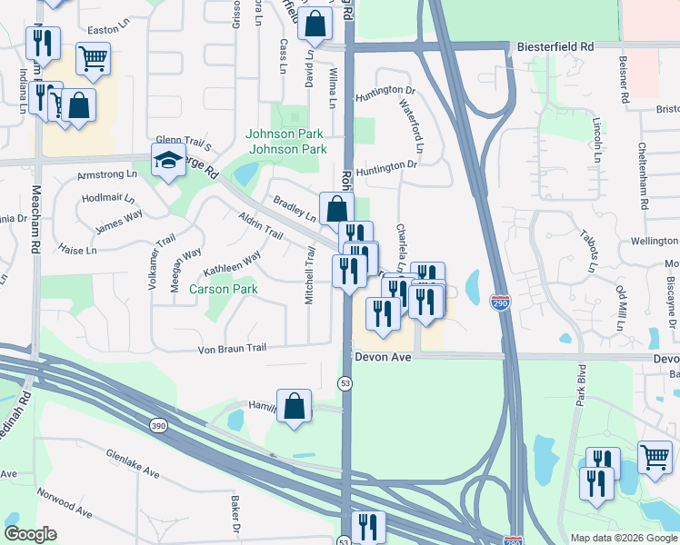 map of restaurants, bars, coffee shops, grocery stores, and more near 1453 Wm Clifford Lane in Elk Grove Village