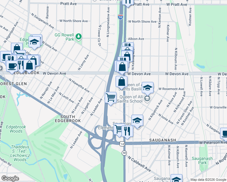 map of restaurants, bars, coffee shops, grocery stores, and more near 6246 North La Crosse Avenue in Chicago