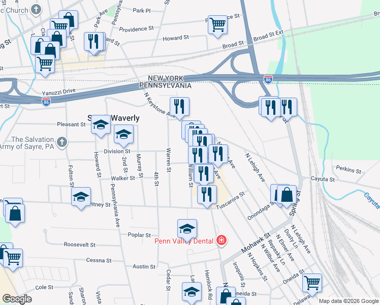 map of restaurants, bars, coffee shops, grocery stores, and more near 2 William Street in South Waverly