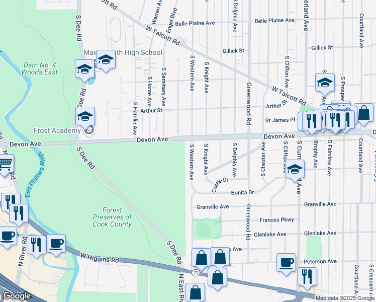 map of restaurants, bars, coffee shops, grocery stores, and more near 1216 South Western Avenue in Park Ridge