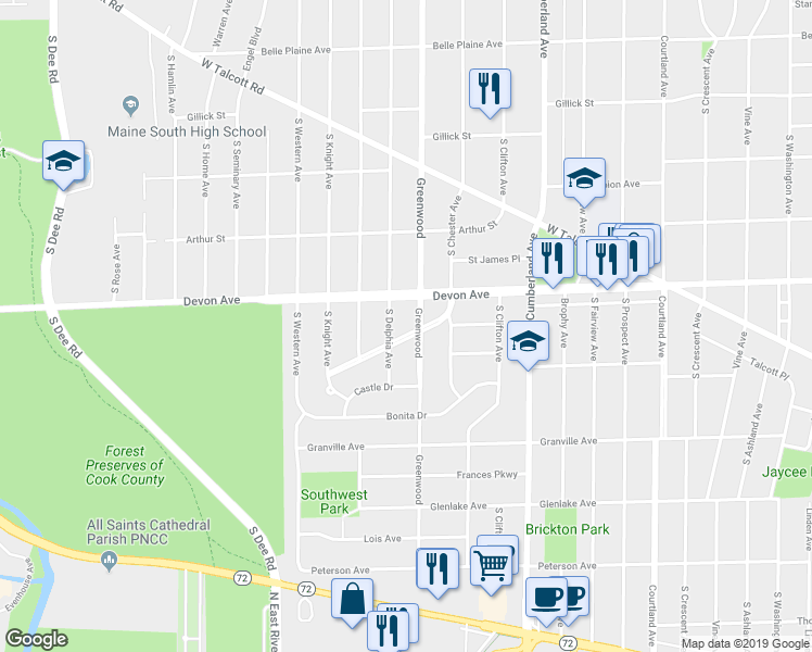 map of restaurants, bars, coffee shops, grocery stores, and more near 1210 Park Ridge Boulevard in Park Ridge