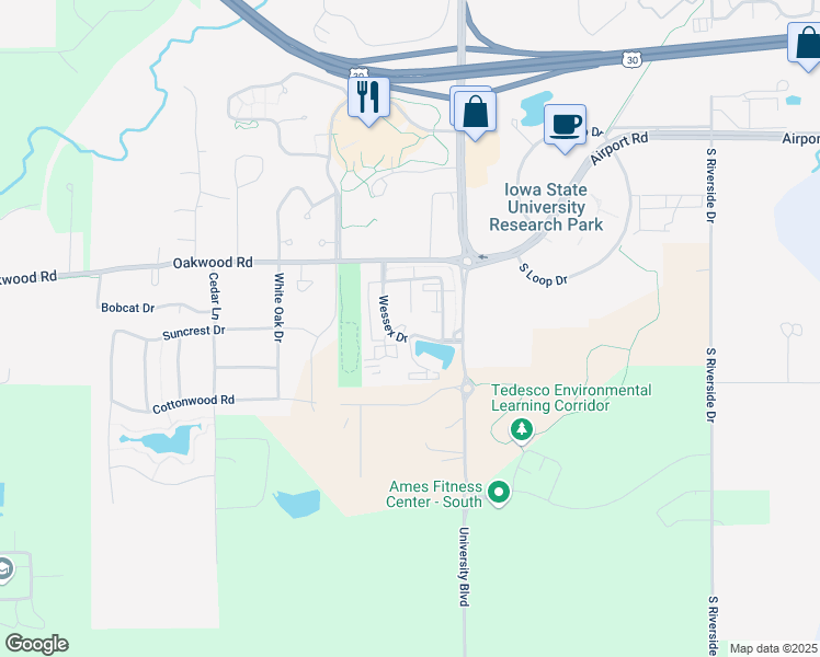 map of restaurants, bars, coffee shops, grocery stores, and more near 3022 Wessex Drive in Ames