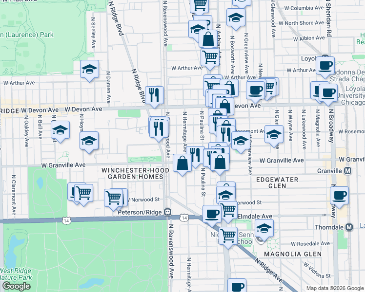 map of restaurants, bars, coffee shops, grocery stores, and more near 1743 West Thome Avenue in Chicago