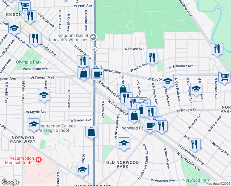 map of restaurants, bars, coffee shops, grocery stores, and more near 6255 North Northwest Highway in Chicago