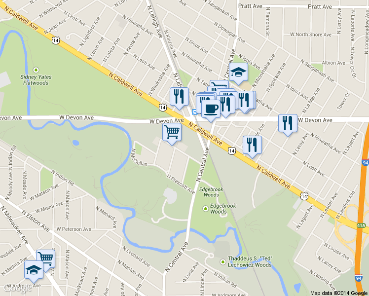 map of restaurants, bars, coffee shops, grocery stores, and more near 6283 North Louise Avenue in Chicago