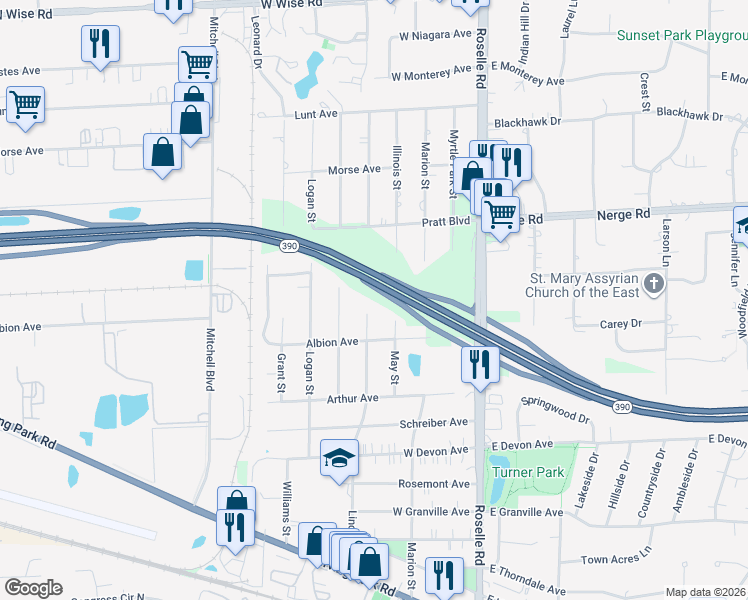 map of restaurants, bars, coffee shops, grocery stores, and more near 1745 Lincoln Street in Roselle