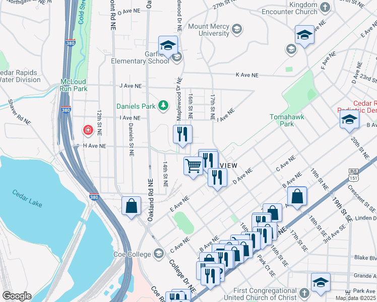 map of restaurants, bars, coffee shops, grocery stores, and more near 903 16th Street Northeast in Cedar Rapids