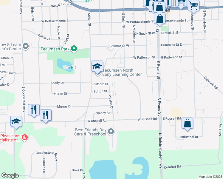 map of restaurants, bars, coffee shops, grocery stores, and more near 712 Waskin Drive in Tecumseh