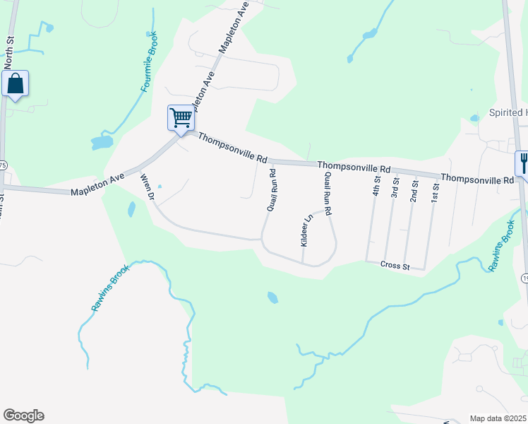 map of restaurants, bars, coffee shops, grocery stores, and more near 72 Quail Run Road in Suffield