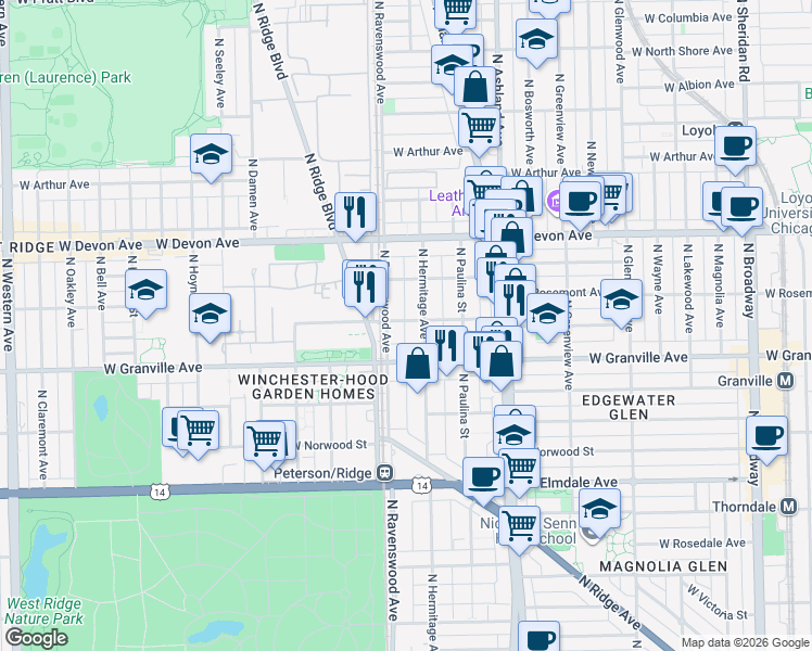 map of restaurants, bars, coffee shops, grocery stores, and more near 1743 West Thome Avenue in Chicago