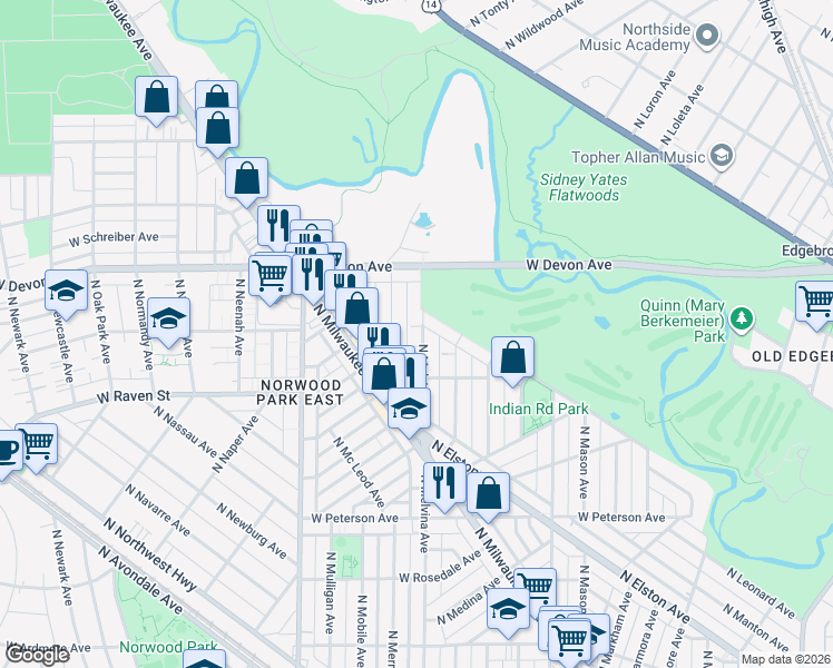 map of restaurants, bars, coffee shops, grocery stores, and more near 6310 North Melvina Avenue in Chicago