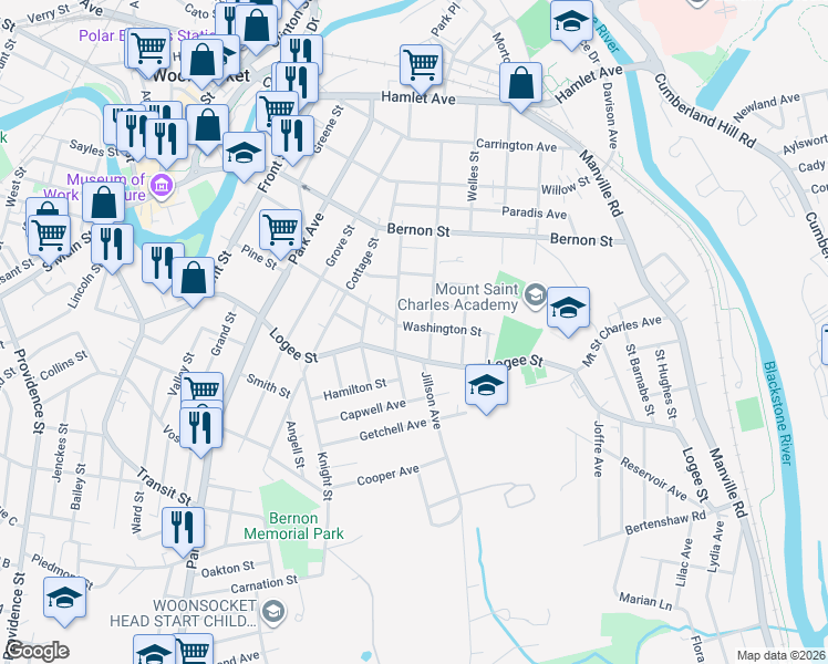 map of restaurants, bars, coffee shops, grocery stores, and more near 35 Washington Street in Woonsocket