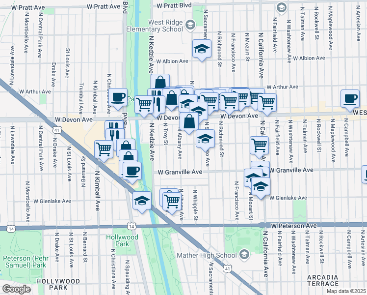 map of restaurants, bars, coffee shops, grocery stores, and more near 6253 North Albany Avenue in Chicago