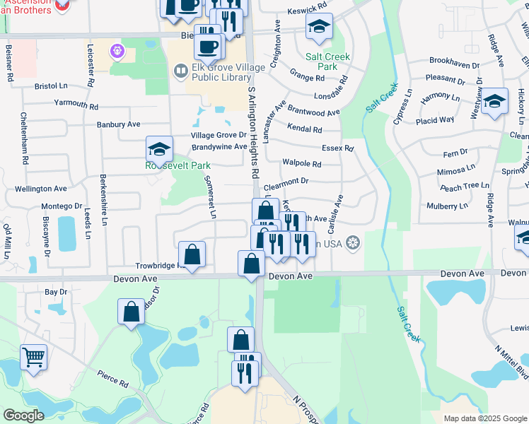 map of restaurants, bars, coffee shops, grocery stores, and more near 101 Parkchester Road in Elk Grove Village