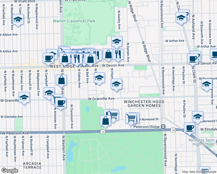 map of restaurants, bars, coffee shops, grocery stores, and more near 6242 North Hoyne Avenue in Chicago