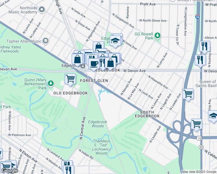 map of restaurants, bars, coffee shops, grocery stores, and more near 6267 North Caldwell Avenue in Chicago