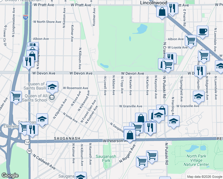 map of restaurants, bars, coffee shops, grocery stores, and more near 6300 North Kildare Avenue in Chicago